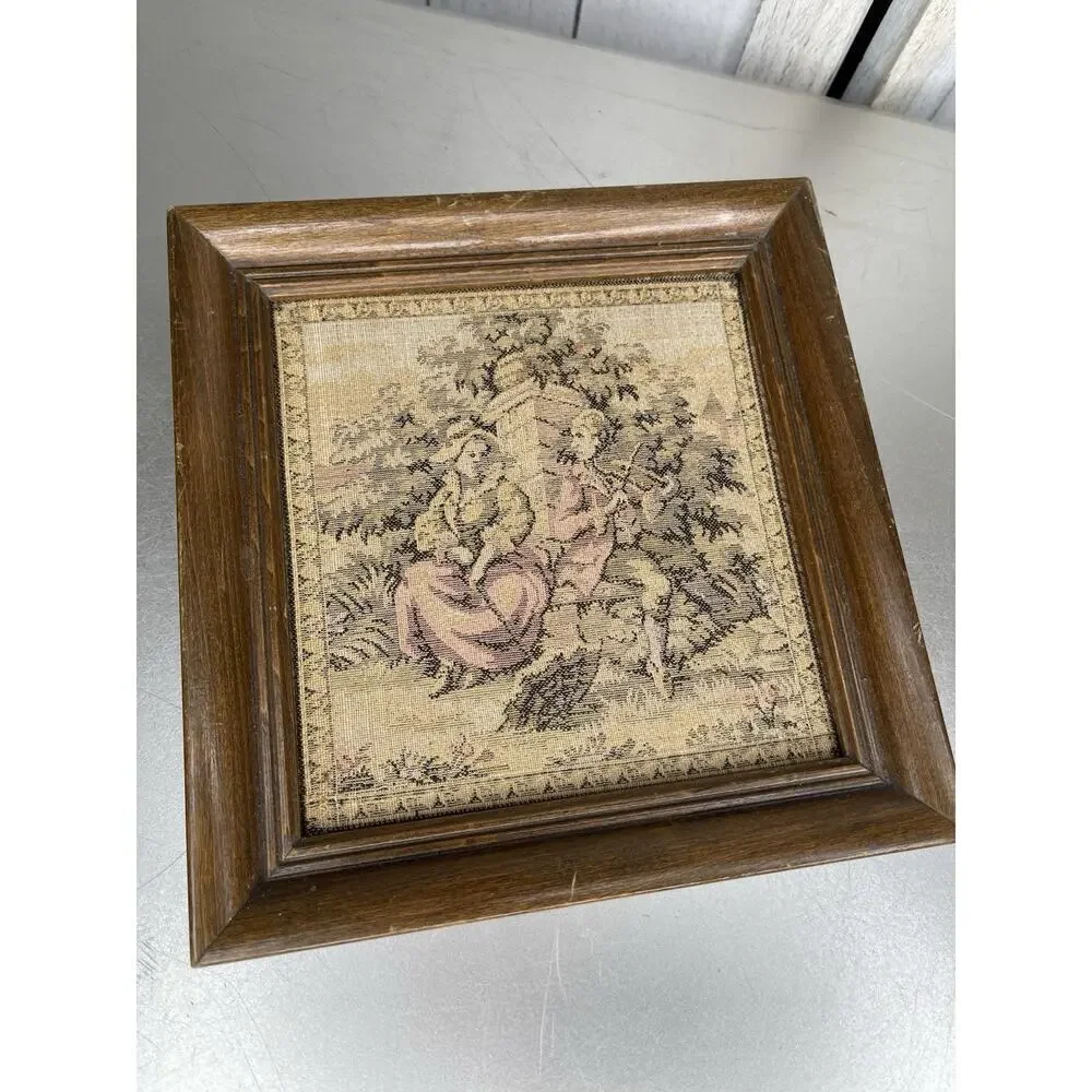 Antique Framed French Tapestry Boy Girl Violin Umbrella Victorian 8 X 8in